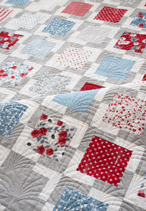 "Iconic 2" geometric quilt by Lella Boutique. Makes a great 4th of July quilt in Old Glory fabric by Lella Boutique for Moda Fabrics. Great scrap quilt using charm packs or a Layer Cake.