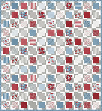 Load image into Gallery viewer, "Iconic 2" geometric quilt by Lella Boutique. Makes a great 4th of July quilt in Old Glory fabric by Lella Boutique for Moda Fabrics. Great scrap quilt using charm packs or a Layer Cake. Download the PDF here!