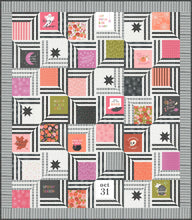 Load image into Gallery viewer, "The Web" modern Halloween quilt in Hey Boo fabric by Lella Boutique for Moda Fabrics. Modern spider web quilt using a Layer Cake and/or the Hey Boo quilt panel.
