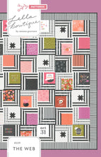 Load image into Gallery viewer, "The Web" modern Halloween quilt in Hey Boo fabric by Lella Boutique for Moda Fabrics. Modern spider web quilt using a Layer Cake and/or the Hey Boo quilt panel.