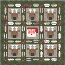 Load image into Gallery viewer, Christmas Crew - a holiday quilt featuring Santa and his reindeer framed in berry and pine sashing. Make it with a Jelly Roll or Layer Cake. Fabric is Berry & Pine by Lella Boutique for Moda Fabrics. Download the PDF here!