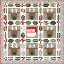 Load image into Gallery viewer, Christmas Crew - a holiday quilt featuring Santa and his reindeer framed in berry and pine sashing. Make it with a Jelly Roll or Layer Cake. Fabric is Berry & Pine by Lella Boutique for Moda Fabrics. Download the PDF here!