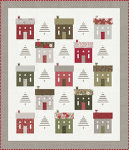 Load image into Gallery viewer, "Holiday House" Christmas neighborhood quilt with cute striped tree blocks. Fabric is Berry & Pine by Lella Boutique for Moda Fabrics (May 2025). Download the PDF here!