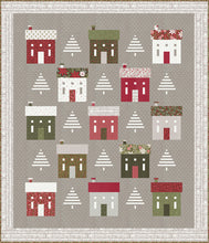 Load image into Gallery viewer, "Holiday House" Christmas neighborhood quilt with cute striped tree blocks. Fabric is Berry & Pine by Lella Boutique for Moda Fabrics (May 2025). Download the PDF here!