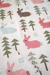Wild Hare bunny quilt pattern by Vanessa Goertzen of Lella Boutique. Cute pieced rabbit quilt block in a forest of trees. Fat quarter friendly! Fabric is Lovestruck by Lella Boutique for Moda Fabrics. Download the PDF here.