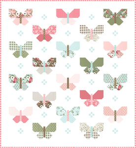 Flutter simple butterfly quilt pattern by Lella Boutique. Cute simple butterfly block made using fat eighths. Fabric is Lovestruck by Lella Boutique for Moda Fabrics.