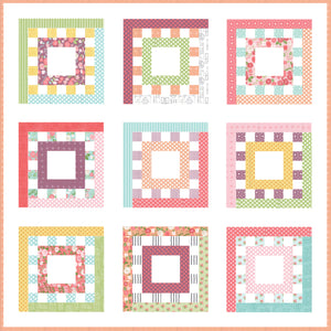 Square Dance striped square quilt blocks from Lella Boutique. Jelly Roll quilt made in Lollipop Garden fabric by Lella Boutique for Moda Fabrics.