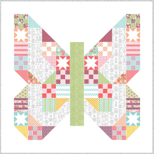 Butterfly Patch - scrappy patchwork butterfly quilt by Lella Boutique. Beginner level sampler made with a Layer Cake (precut 10" squares). Fabric is Lollipop Garden by Lella Boutique for Moda Fabrics. Download the PDF here!