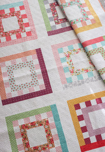 Square Dance striped square quilt blocks from Lella Boutique. Jelly Roll quilt made in Lollipop Garden fabric by Lella Boutique for Moda Fabrics.
