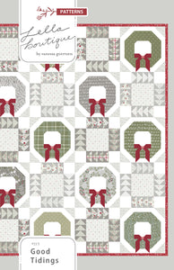 Good Tidings holiday wreath quilt by Lella Boutique. Fat quarter friendly. Fabric is Christmas Eve by Lella Boutique for Moda Fabrics.