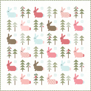 Wild Hare bunny quilt pattern by Vanessa Goertzen of Lella Boutique. Cute pieced rabbit quilt block in a forest of trees. Fat quarter friendly! Fabric is Lovestruck by Lella Boutique for Moda Fabrics.