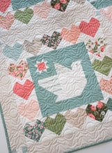 Load image into Gallery viewer, Lovey Dovey spring quilt PDF pattern with doves + hearts. Fabric is Love Note fabric collection by Lella Boutique.