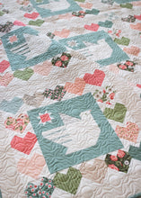 Load image into Gallery viewer, Lovey Dovey spring quilt PDF pattern with doves + hearts. Fabric is Love Note fabric collection by Lella Boutique.