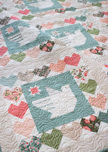 Lovey Dovey spring quilt PDF pattern with doves + hearts. Fabric is Love Note fabric collection by Lella Boutique.