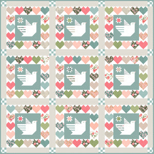 Lovey Dovey spring quilt pattern. Dove quilt. Heart quilt. Fat quarter quilt. Fabric is Love Note fabric collection by Lella Boutique. Download the PDF here.