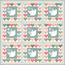 Load image into Gallery viewer, Lovey Dovey spring quilt PDF pattern with doves + hearts. Fabric is Love Note fabric collection by Lella Boutique.