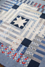 Load image into Gallery viewer, Potluck giant log cabin quilt from the book: Jelly Filled - 18 Quilts from 2-1/2" Strips by Vanessa Goertzen of Lella Boutique. Get your autographed copy of the book here! Lots of great jelly roll strip quilts. Fabric is True Blue Feedsacks by Linzee McCray for Moda Fabrics.