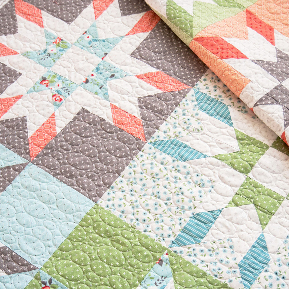 Mabel pieced star quilt by Lella Boutique. No y seams or tricky piecing. Fabric is Nest by Lella Boutique for Moda Fabrics.