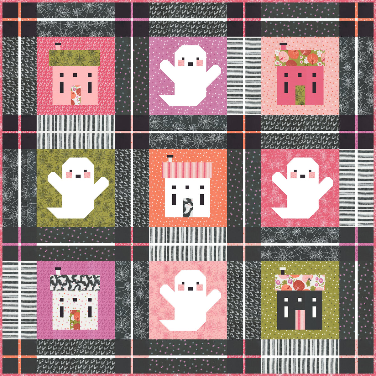"Ghost Town" quilt by Lella Boutique featuring cute haunted house quilt blocks and friendly ghosts. Fabric is Hey Boo by Lella Boutique for Moda Fabrics (April 2024).