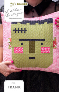 "Frank" Halloween pillow pattern by Lella Boutique. Darling Frankenstein quilt block in pastel Halloween colors. Fabric is Hey Boo by Lella Boutique for Moda Fabrics (April 2024). Download the PDF pattern here!