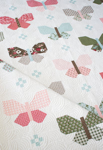 Flutter simple butterfly quilt pattern by Lella Boutique. Cute simple butterfly block made using fat eighths. Fabric is Lovestruck by Lella Boutique for Moda Fabrics. Download the PDF here.