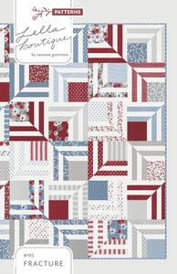 "Fracture" modern log cabin quilt. Sort of looks like a modern interpretation of an American Flag, would be a great 4th of July quilt. Fat quarter or fat eighth friendly. Fabric is Old Glory by Lella Boutique for Moda (Feb 2024).