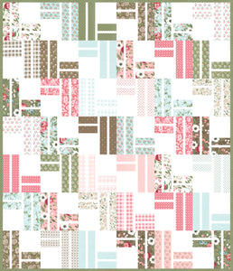 Stairway to Heaven jelly roll quilt by Vanessa Goertzen of Lella Boutique. Really cute geometric quilt in Lovestruck fabric by Lella Boutique for Moda Fabrics.