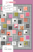 Load image into Gallery viewer, &quot;The Web&quot; modern Halloween quilt in Hey Boo fabric by Lella Boutique for Moda Fabrics. Modern spider web quilt using a Layer Cake and/or the Hey Boo quilt panel. Download the PDF pattern here!