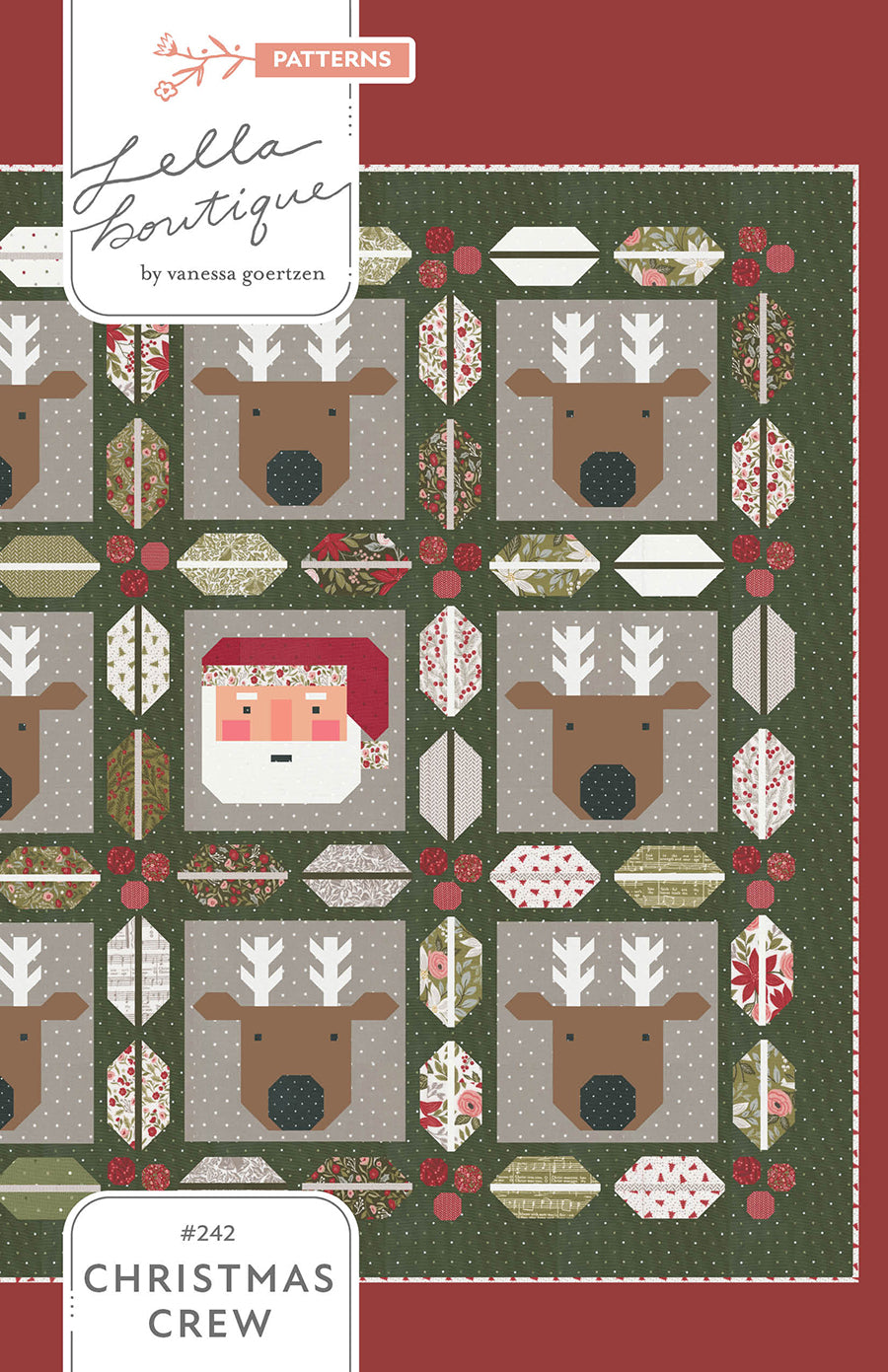 Christmas Crew - a holiday quilt featuring Santa and his reindeer framed in berry and pine sashing. Make it with a Jelly Roll or Layer Cake. Fabric is Berry & Pine by Lella Boutique for Moda Fabrics. Download the PDF here!