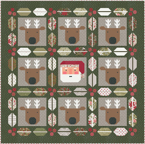 Christmas Crew - a holiday quilt featuring Santa and his reindeer framed in berry and pine sashing. Make it with a Jelly Roll or Layer Cake. Fabric is Berry & Pine by Lella Boutique for Moda Fabrics. Download the PDF here!