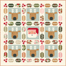 Load image into Gallery viewer, "Christmas Crew" Santa and reindeer quilt with berry and pine sashing. Fabric is Peppermint Cocoa by Lella Boutique for Moda Fabrics. Download the PDF here!