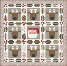 Load image into Gallery viewer, Christmas Crew - a holiday quilt featuring Santa and his reindeer framed in berry and pine sashing. Make it with a Jelly Roll or Layer Cake. Fabric is Berry &amp; Pine by Lella Boutique for Moda Fabrics. Download the PDF here!