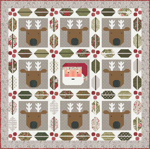 Christmas Crew - a holiday quilt featuring Santa and his reindeer framed in berry and pine sashing. Make it with a Jelly Roll or Layer Cake. Fabric is Berry & Pine by Lella Boutique for Moda Fabrics. Download the PDF here!