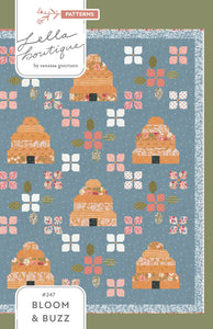Bloom and Buzz beehive and flower quilt by Lella Boutique. Cutest little scrappy beehives and patchwork made from Jelly Roll strips. Fabric is Wild Honey by Lella Boutique for Moda Fabrics (Nov 2025). Download the PDF here.