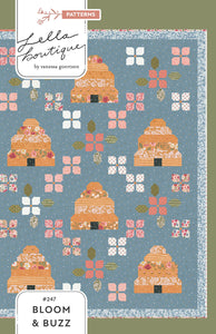 Bloom & Buzz beehive and flower quilt by Lella Boutique. Jelly Roll friendly Fabric is Wild Honey by Lella Boutique for Moda Fabrics (Nov 2025).