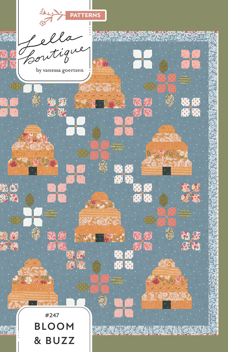 Bloom & Buzz beehive and flower quilt by Lella Boutique. Jelly Roll friendly Fabric is Wild Honey by Lella Boutique for Moda Fabrics (Nov 2025).
