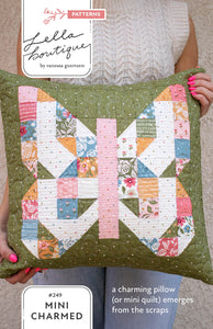 Mini Charmed butterfly pillow or mini quilt. Make this scrappy butterfly block with a mini charm pack. Fabric is Wild Honey by Lella Boutique for Moda Fabrics (Nov 2025).