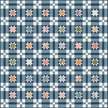 Load image into Gallery viewer, &quot;Lucky Stars&quot; quilt in Wild Honey fabric by Lella Boutique for Moda Fabrics. Make a scrappy colorful version with a Layer Cake - or keep it classic with a dreamy blue version (and a charm pack). Download the PDF here!