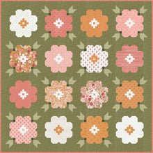 Load image into Gallery viewer, Vintage Blooms flower quilt in Wild Honey fabric by Lella Boutique for Moda Fabrics. Beautiful patchwork blooms of gold, white, and pinks set against a rich, green background. Fat quarter friendly. Download the PDF here.