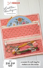 Load image into Gallery viewer, "Zip Zip Go" sweet zippered stitch bag pattern perfect for storing small projects like cross stitch or paper piecing. Fabric is Wild Honey by Lella Boutique for Moda Fabrics. Download the PDF here!