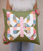 Load image into Gallery viewer, Mini Charmed butterfly pillow. Make this scrappy butterfly block with a mini charm pack. Fabric is Wild Honey by Lella Boutique for Moda Fabrics (Nov 2025).