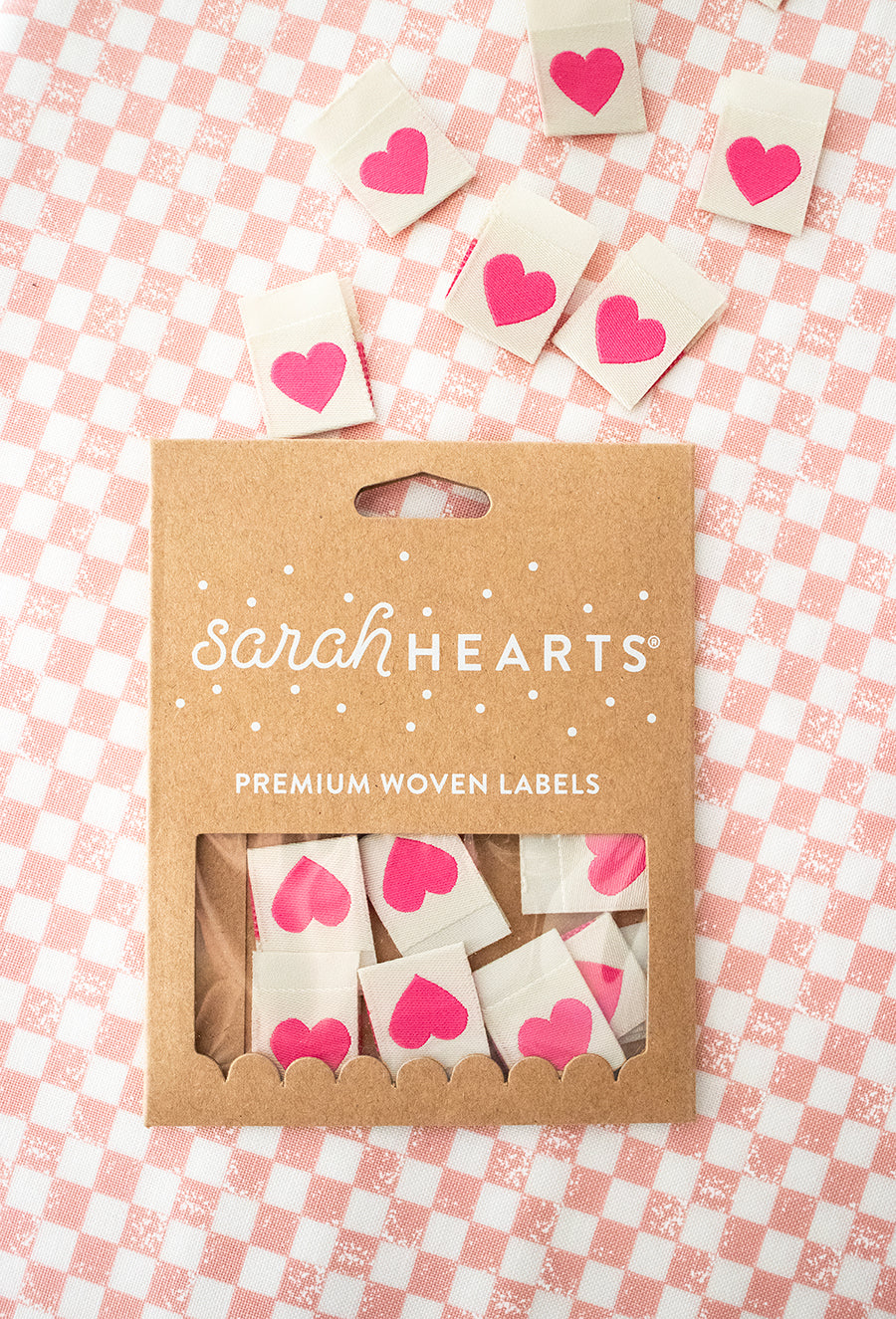 Sarah Hearts sew in labels - hot pink hearts on cream. These are the cutest quilt labels.