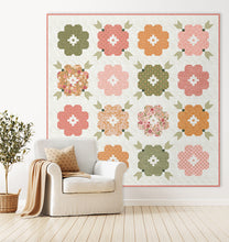 Load image into Gallery viewer, Vintage Blooms flower quilt in Wild Honey fabric by Lella Boutique for Moda Fabrics. Beautiful patchwork blooms of gold, white, pinks, and green are the perfect way to let creativity bloom. Fat quarter friendly. Download the PDF here.