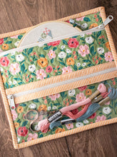 Load image into Gallery viewer, "Zip Zip Go" sweet zippered stitch bag pattern perfect for storing small projects like cross stitch or paper piecing. Fabric is Garden Glam by Lella Boutique for Moda Fabrics. Download the PDF here!