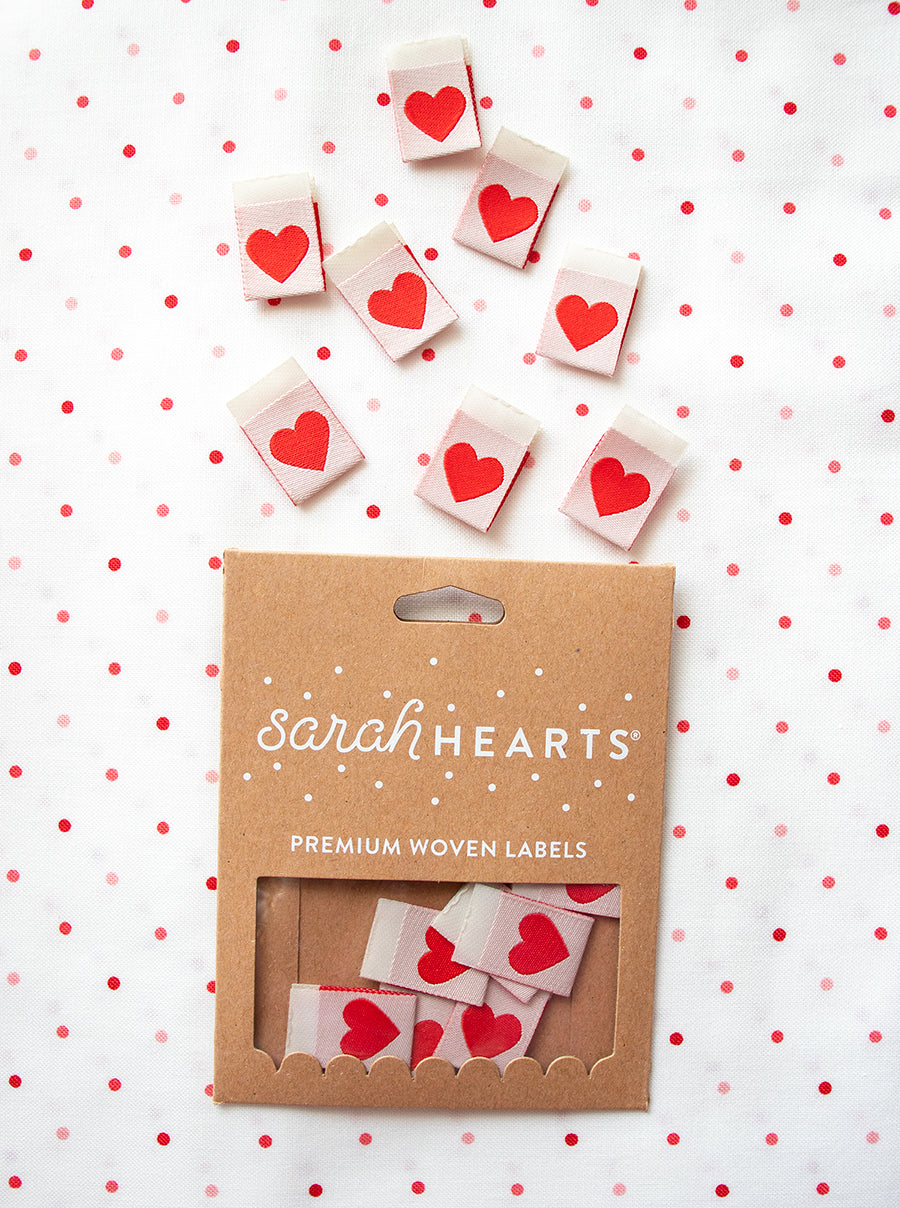 Sarah Hearts sew in labels - red hearts. Cutest quilt labels, get them here!