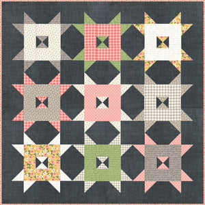 Barn Style simple farmhouse quilt block by Lella Boutique. Fat quarter barn quilt. Fabric is Farmer's Daughter by Lella Boutique for Moda Fabrics.