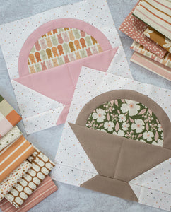 Gather basket quilt pattern by Lella Boutique. Make it with a Layer Cake, Jolly Bar, fat eighths, or scraps. Fabric is Easter Party by Indy Bloom Designs.