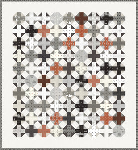 Hot Cross Buns plus sign quilt by Vanessa Goertzen of Lella Boutique. Make it with a Jelly Roll or Layer Cake. Fabric is Smoke & Rust by Lella Boutique for Moda Fabrics. Great boy quilt!