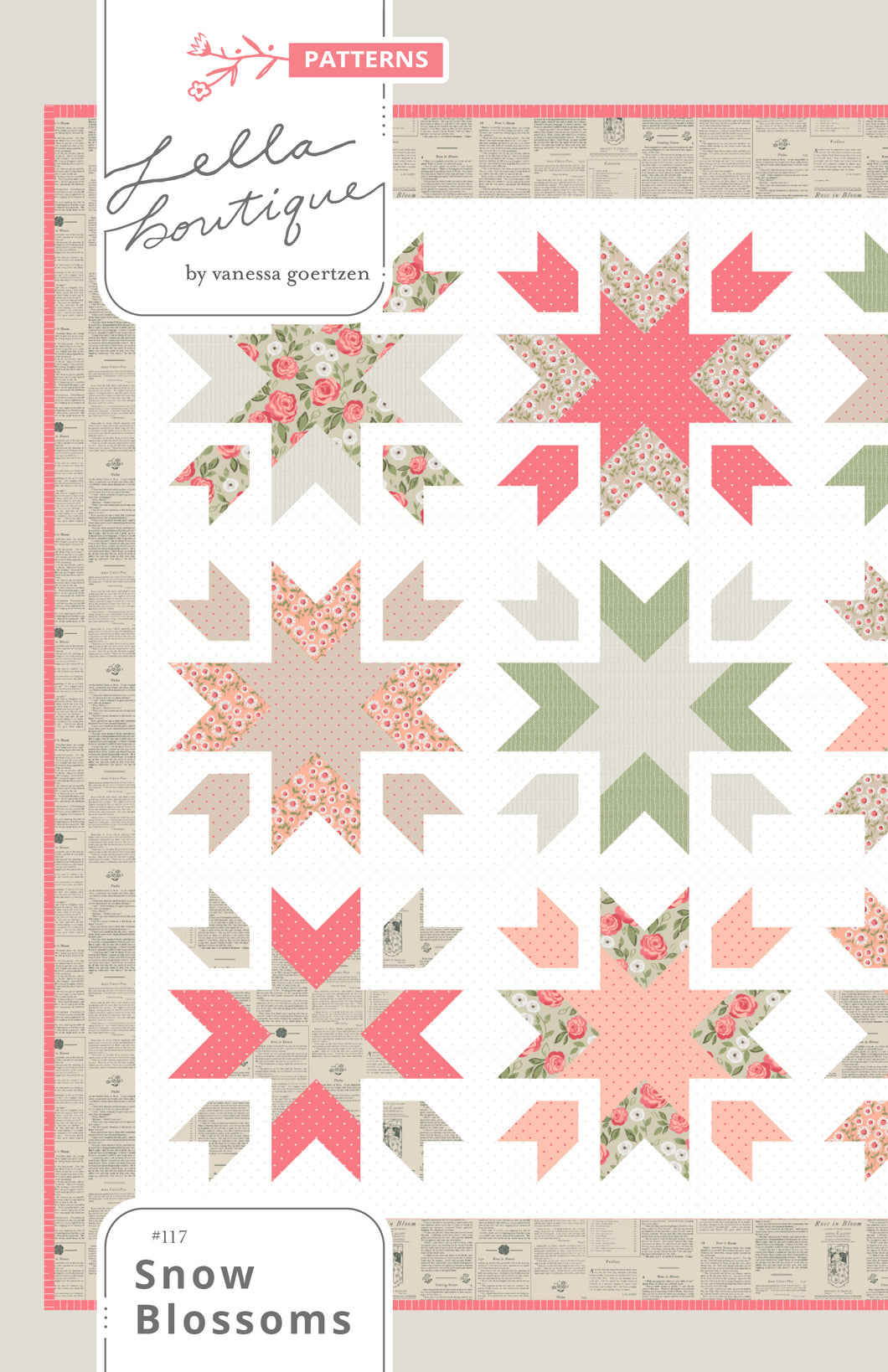 Snow Blossoms star quilt by Lella Boutique for Moda Fabrics. Make it with 9 fat quarters. Fabric is Love Note by Lella Boutique for Moda Fabrics.