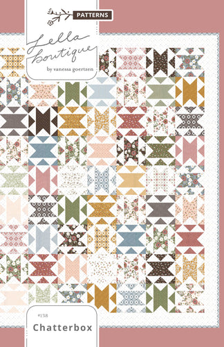 Chatterbox geometric quilt by Vanessa Goertzen of Lella Boutique. Jelly Roll or Layer Cake friendly. Fabric is Folktale by Lella Boutique for Moda Fabrics.
